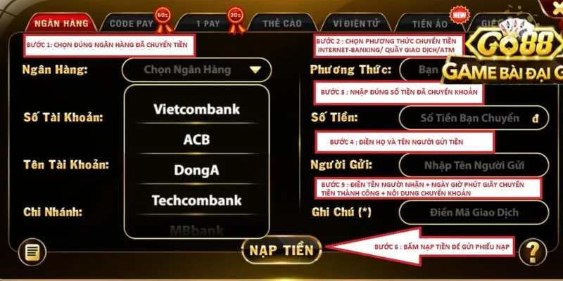 Các hình thức nạp tiền tại Go88 